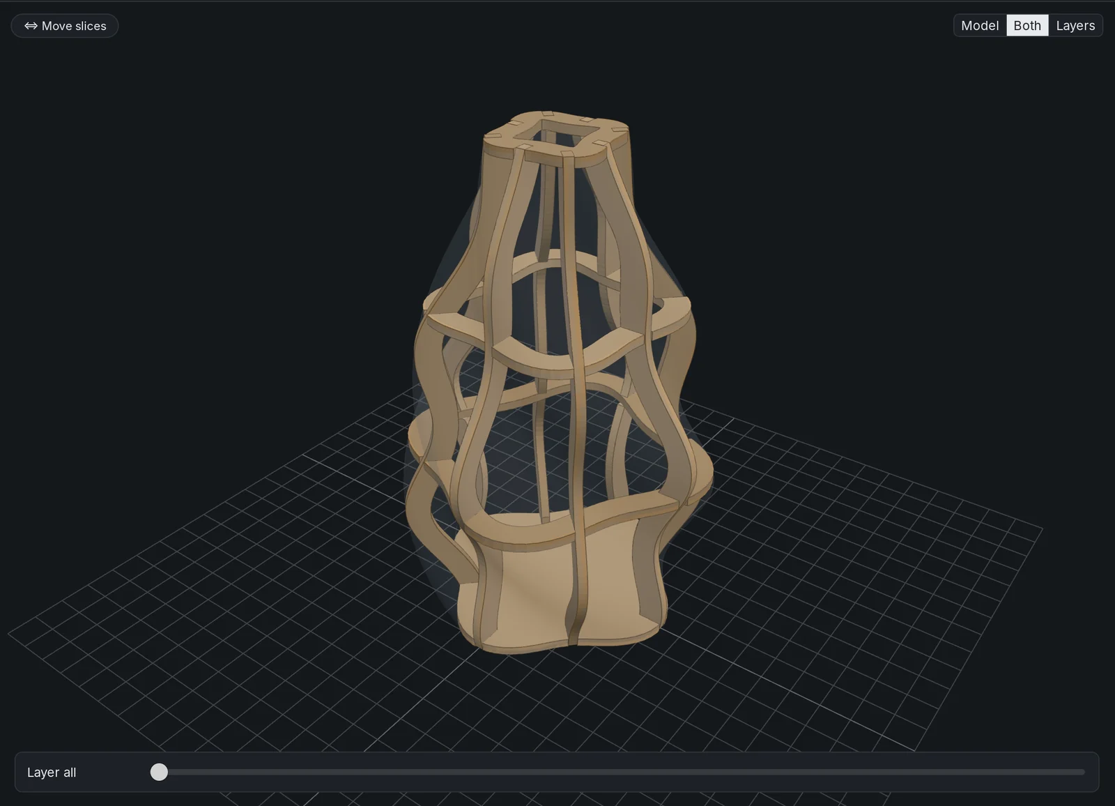 The vase as an open radial shell: thin ribs held by narrow bands, with a solid floor