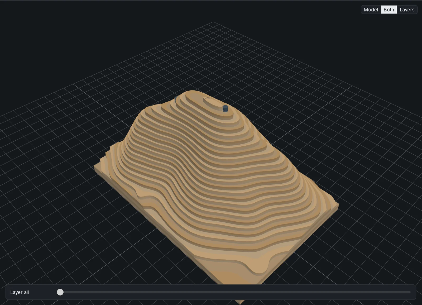 LayerCut showing a terrain model built from 27 stacked plywood layers with alignment pins