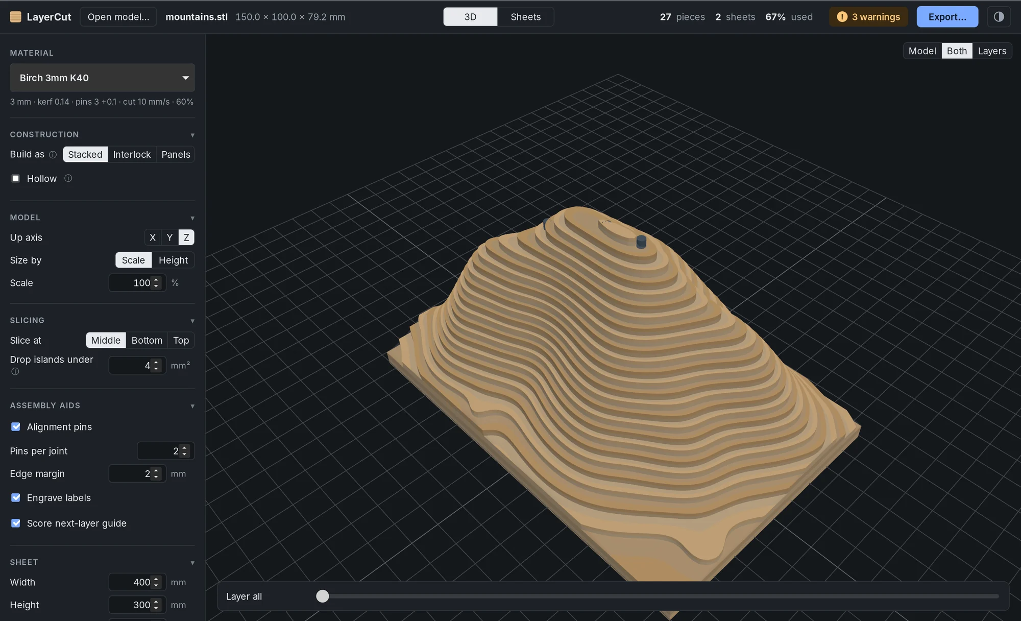 A terrain model built from 27 stacked layers
