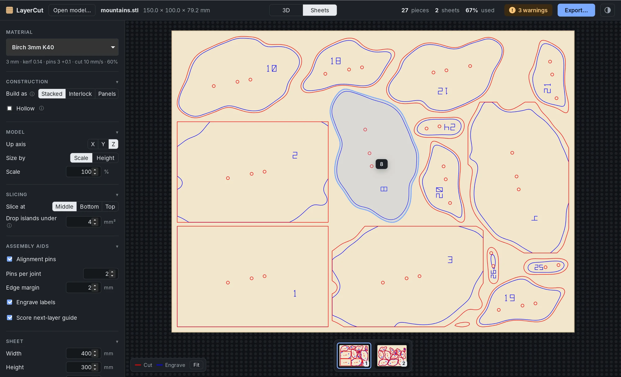 The Sheets view showing nested terrain layers